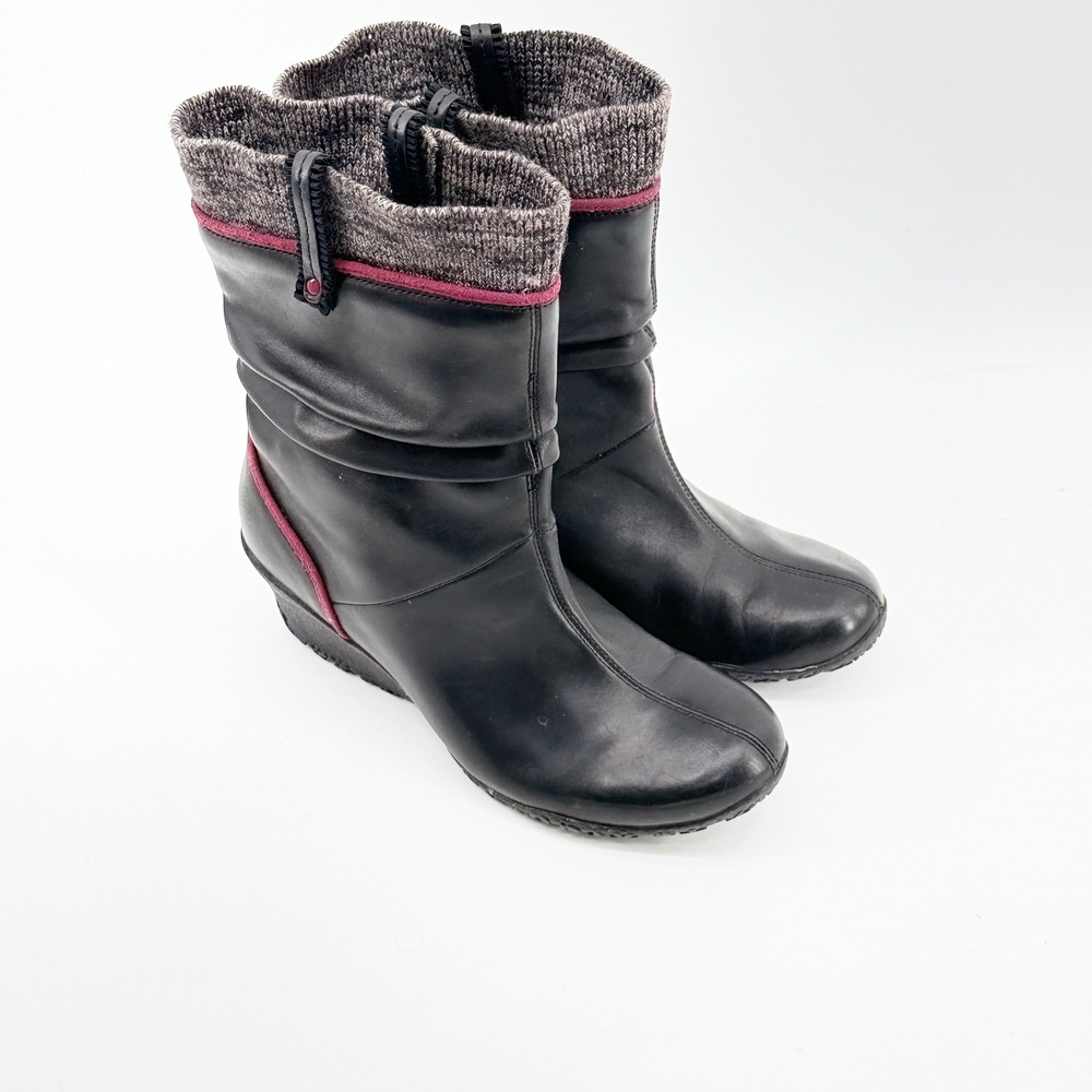 Merrell Lily Black Leather Wedge Boots Womens 8.5 Vibram Knit‎ Cuff Slouchy Mid